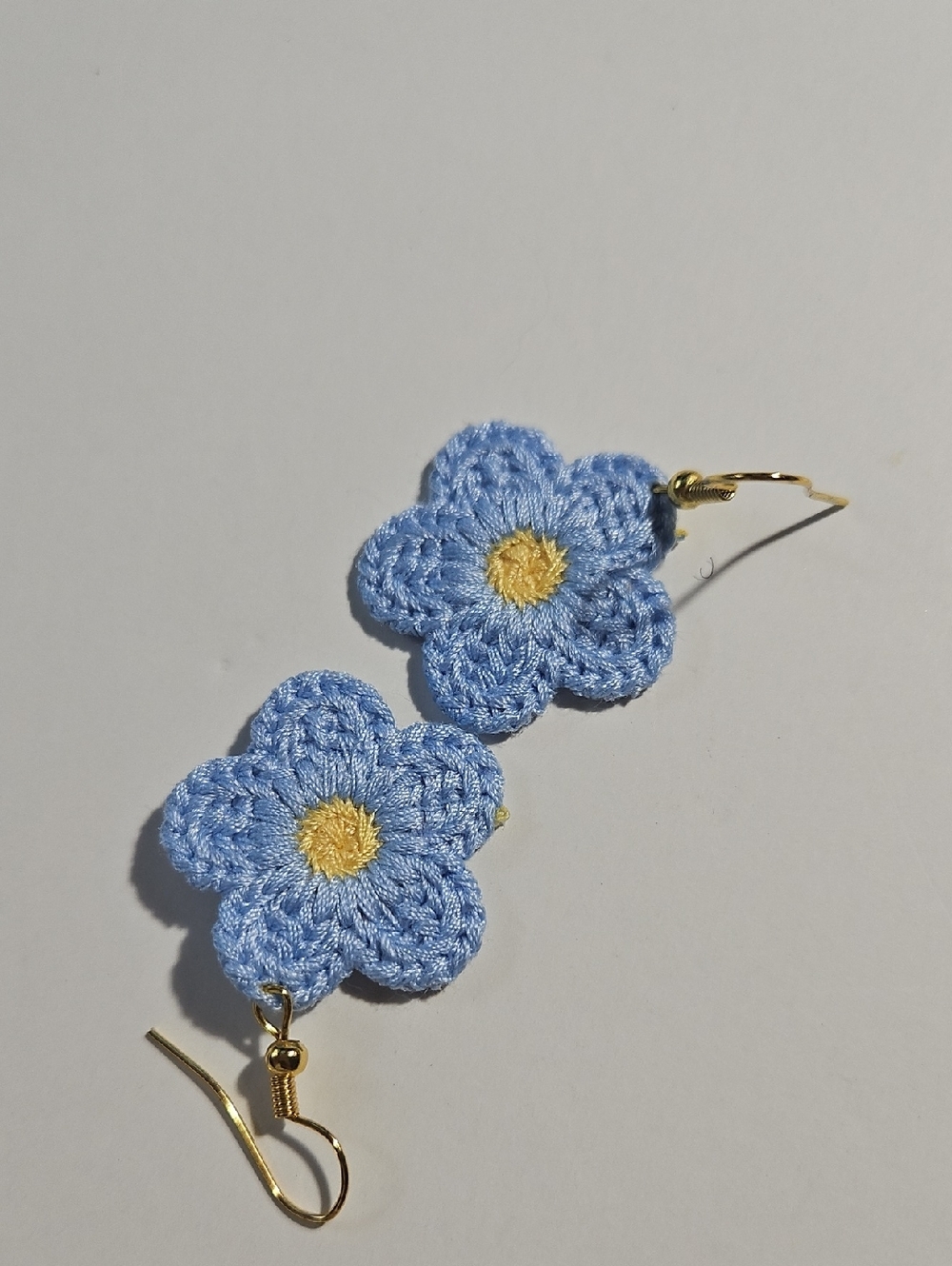 Handmade Crochet Daisy Earrings Pastel Blue Yellow Gold Tone Boho Spring jewelry